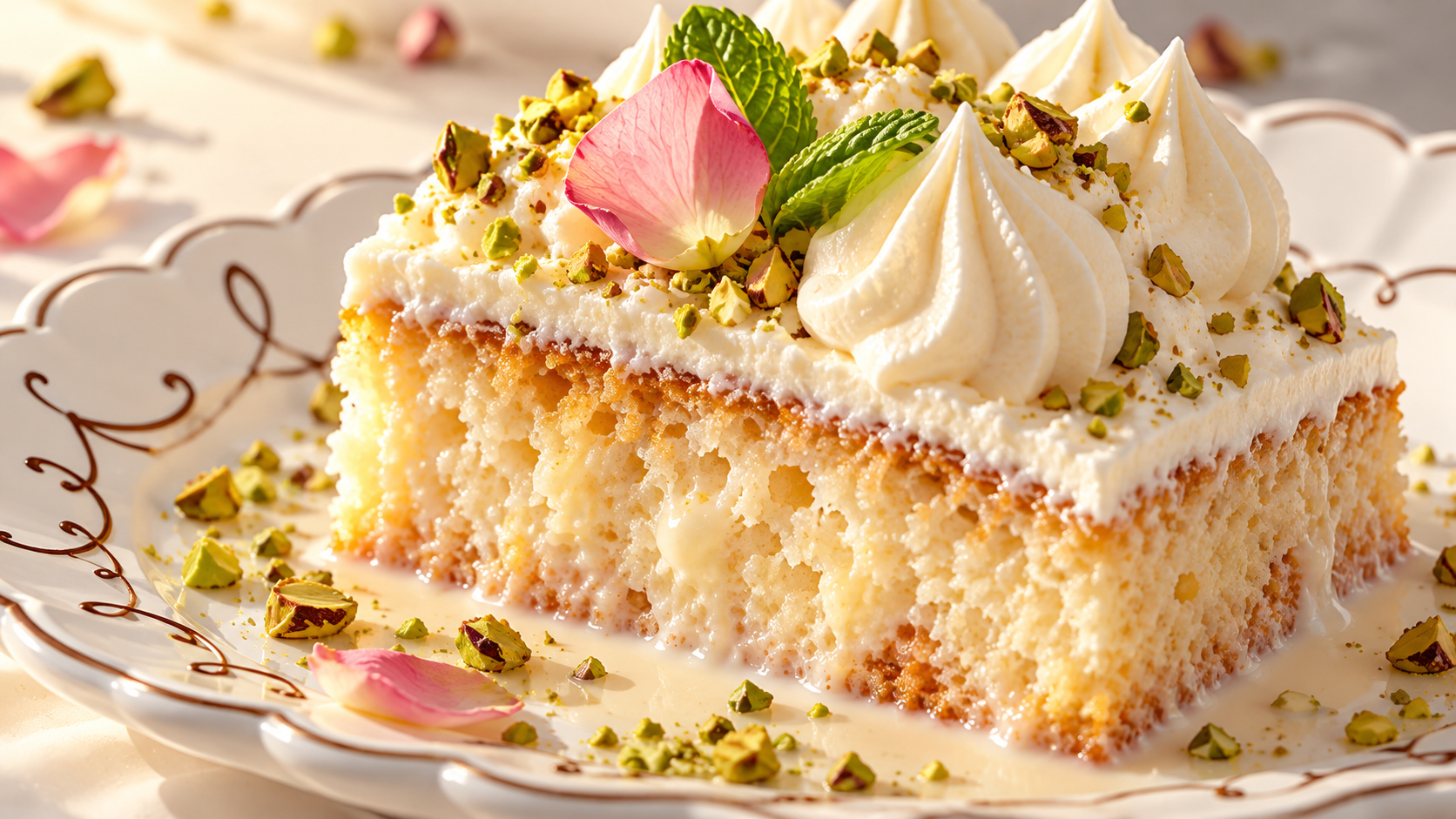 Illustration of a tres leches cake slice with piped cream, a pink petal, and pistachio crumbs