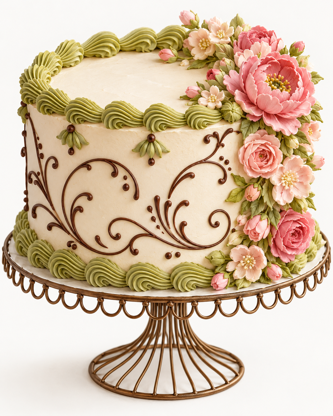 Illustration of a whole celebration cake with piped border and pink flowers on a wire stand